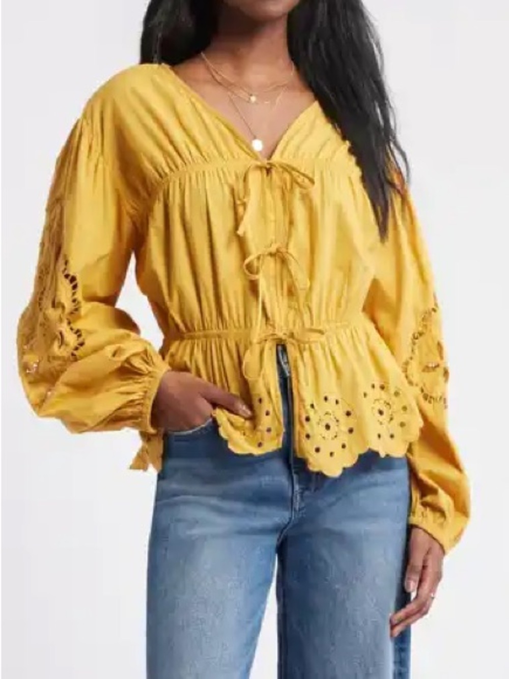 Treasure & Bond Yellow Eyelet Tie-Front Peasant Blouse - Women Brand new